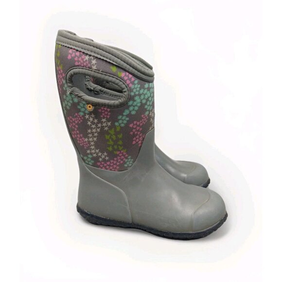 Bogs K Grasp Hearts York Girls 3 Gray Insulated Wellies Rain Boots Snow Winter - Picture 1 of 11